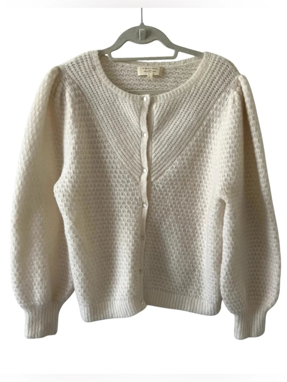 Sezane Solena Cardigan Sweater Kid Mohair Wool Ecru Large Fancy Knit Puff Sleeve - Picture 7 of 16
